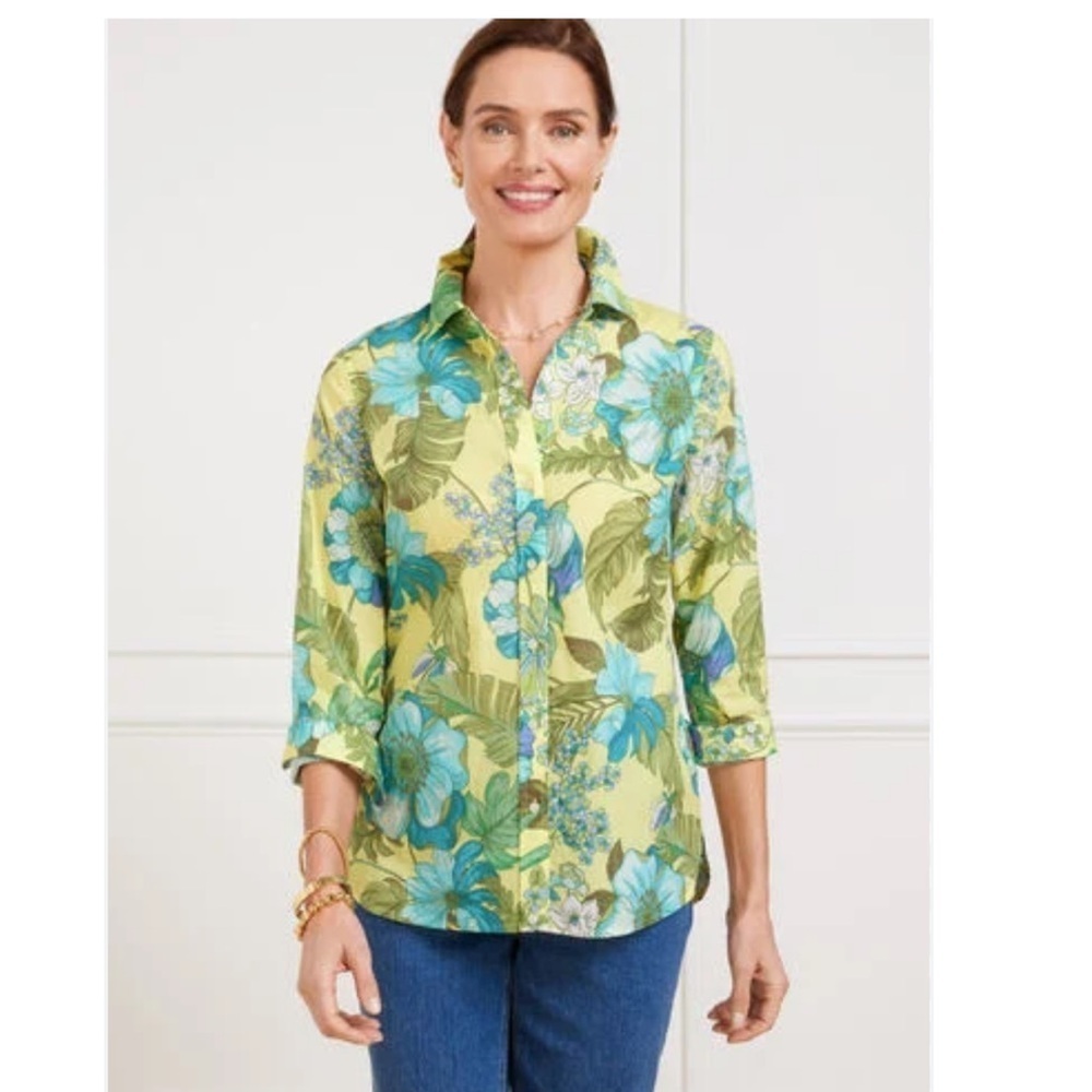 Talbots Green Floral Palm Button Down